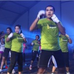 Participants losing 800-1000 calories at the two-hour workout of BodyCombat.